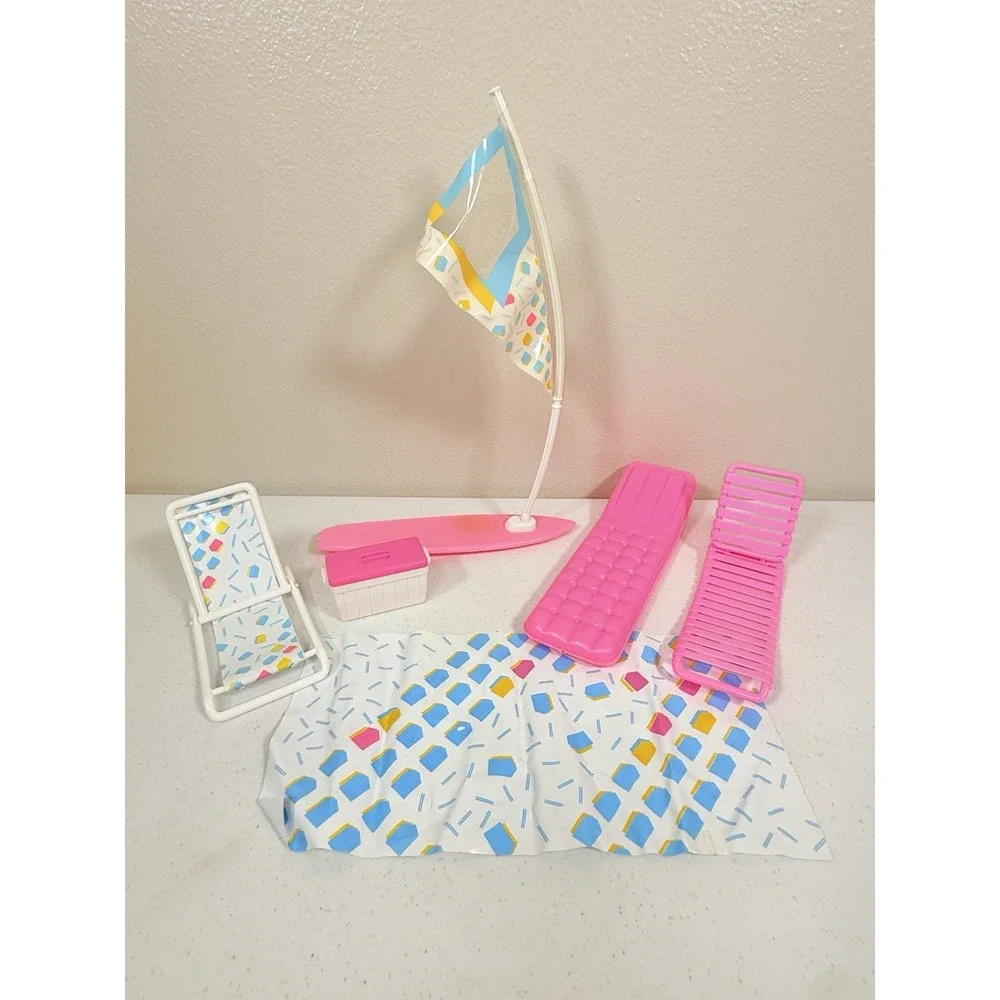 Vintage Barbie Beach Vacation Accessory Lot Mattel Umbrella Chairs Floats Etc